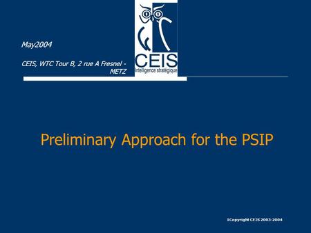 1Copyright CEIS 2003-2004 Preliminary Approach for the PSIP May2004 CEIS, WTC Tour B, 2 rue A Fresnel - METZ.