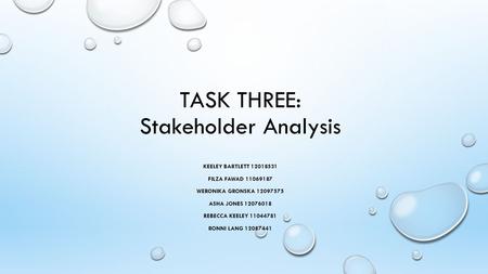 TASK THREE: Stakeholder Analysis KEELEY BARTLETT 12018531 FILZA FAWAD 11069187 WERONIKA GRONSKA 12097575 ASHA JONES 12076018 REBECCA KEELEY 11044781 RONNI.