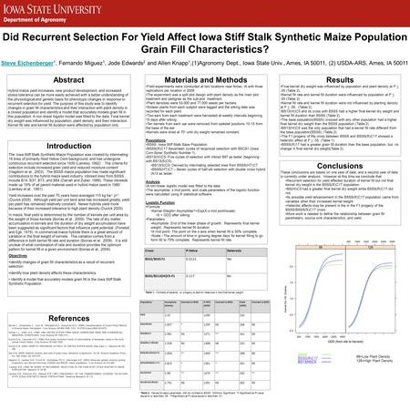 Did Recurrent Selection For Yield Affect Iowa Stiff Stalk Synthetic Maize Population Grain Fill Characteristics? Steve Eichenberger Steve Eichenberger.