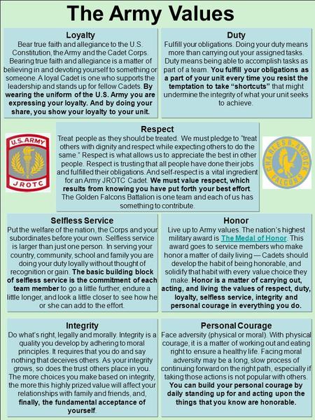 The Army Values Duty Fulfill your obligations. Doing your duty means more than carrying out your assigned tasks. Duty means being able to accomplish tasks.