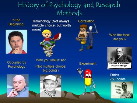 History of Psychology and Research Methods In the Beginning Who you lookin’ at? (Not multiple choice: big points) Correlation Experiment Who the Heck.