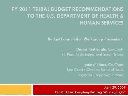 FY 2011 TRIBAL BUDGET RECOMMENDATIONS TO THE U.S. DEPARTMENT OF HEALTH & HUMAN SERVICES Budget Formulation Workgroup Presenters: Darryl Red Eagle, Co-Chair.