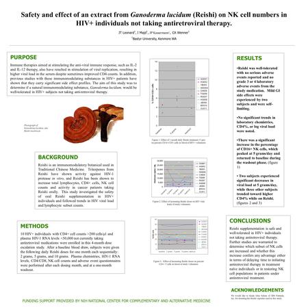 Safety and effect of an extract from Ganoderma lucidum (Reishi) on NK cell numbers in HIV+ individuals not taking antiretroviral therapy. JT Leonard 1,