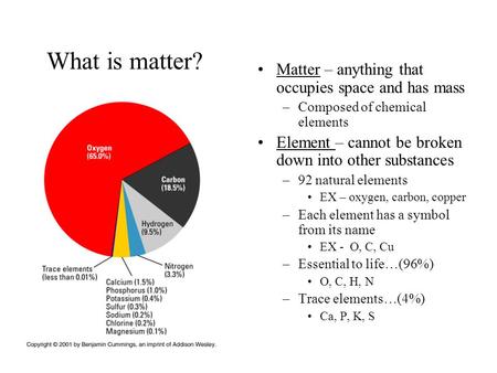 What is matter? Matter – anything that occupies space and has mass –Composed of chemical elements Element – cannot be broken down into other substances.