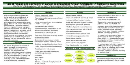 Role of religion and spirituality in cancer coping among African Americans: A qualitative examination Cheryl L. Holt 1, PhD; Emily Schulz 1, PhD; Lee Caplan.