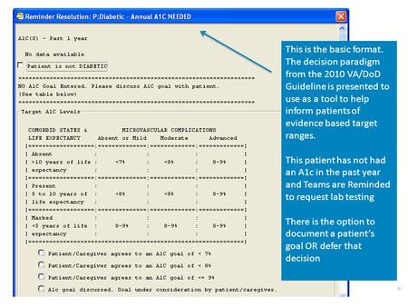 0 This is the basic format. The decision paradigm from the 2010 VA/DoD Guideline is presented to use as a tool to help inform patients of evidence based.