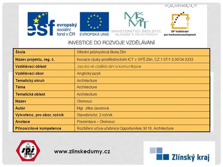 Www.zlinskedumy.cz ŠkolaStřední průmyslová škola Zlín Název projektu, reg. č.Inovace výuky prostřednictvím ICT v SPŠ Zlín, CZ.1.07/1.5.00/34.0333 Vzdělávací.