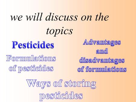 We will discuss on the topics. PESTICIDES A pesticide is any chemical that is used to control pests. PISCICIDES INSECTICIDES FUNGICIDES RODENTICIDES HERBICIDES.