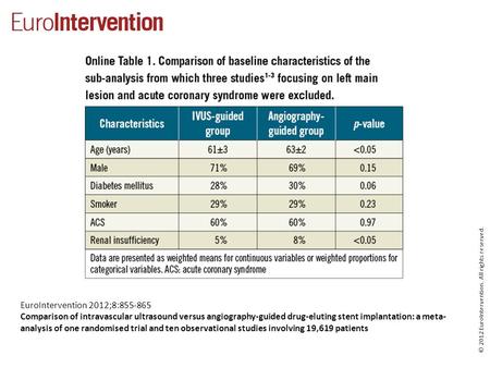 © 2012 EuroIntervention. All rights reserved. EuroIntervention 2012;8:855-865 Comparison of intravascular ultrasound versus angiography-guided drug-eluting.