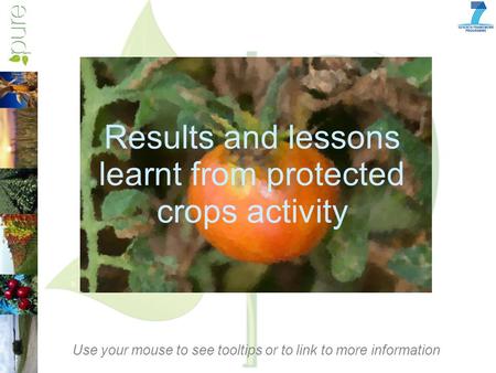 Results and lessons learnt from protected crops activity Use your mouse to see tooltips or to link to more information.