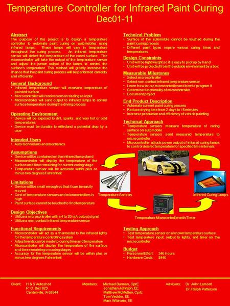 Abstract The purpose of this project is to design a temperature controller to automate paint curing on automobiles using infrared lamps. These lamps will.