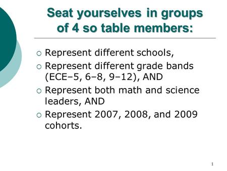 1 Seat yourselves in groups of 4 so table members:  Represent different schools,  Represent different grade bands (ECE–5, 6–8, 9–12), AND  Represent.