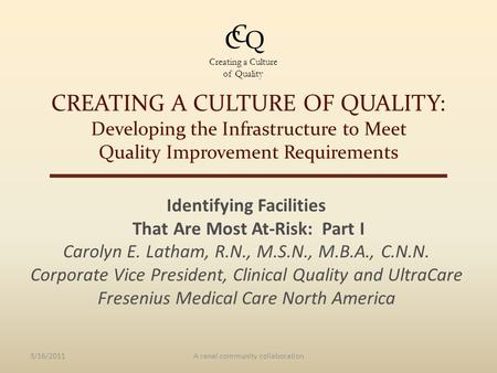 CREATING A CULTURE OF QUALITY: Developing the Infrastructure to Meet Quality Improvement Requirements Identifying Facilities That Are Most At-Risk: Part.