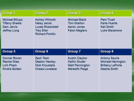 Group 1 Group 2 Group 3 Group 4 Michael Billups Tiffany Sheets Sam Jarvis Jeffrey Long Ashley Wilmoth Haley Jacob Lucas Rosenblatt Trey Eller Richard Portillo.