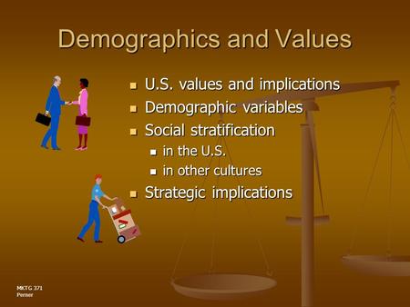 MKTG 371 Perner Demographics and Values U.S. values and implications U.S. values and implications Demographic variables Demographic variables Social stratification.