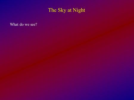 The Sky at Night What do we see?. The Sky at Night What do we see? The Moon Planets Perhaps a meteor shower, comet, or other rare event Stars - about.