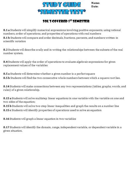 SOL’s COVERED 1 st Semester 8.1 a Students will simplify numerical expressions involving positive exponents, using rational numbers, order of operations,