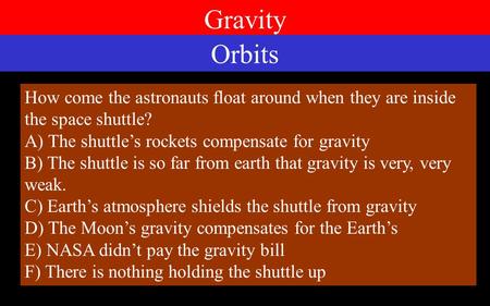 Gravity How come the astronauts float around when they are inside the space shuttle? A) The shuttle’s rockets compensate for gravity B) The shuttle is.