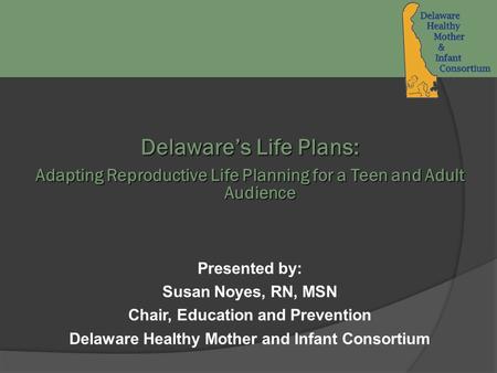 Delaware’s Life Plans: Adapting Reproductive Life Planning for a Teen and Adult Audience Presented by: Susan Noyes, RN, MSN Chair, Education and Prevention.