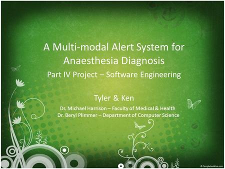 A Multi-modal Alert System for Anaesthesia Diagnosis Part IV Project – Software Engineering Tyler & Ken Dr. Michael Harrison – Faculty of Medical & Health.