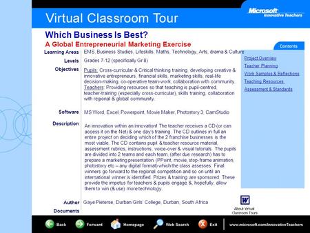 Which Business Is Best? A Global Entrepreneurial Marketing Exercise Project Overview Teacher Planning Work Samples & Reflections Teaching Resources Assessment.