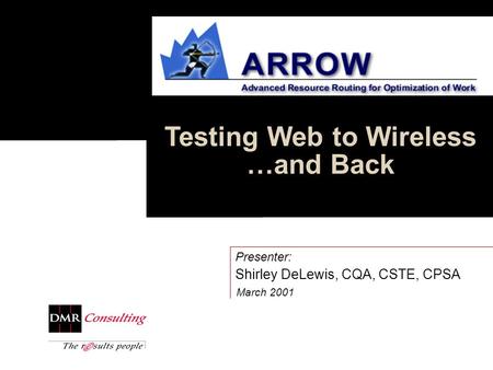 Testing Web to Wireless …and Back March 2001 Presenter: Shirley DeLewis, CQA, CSTE, CPSA.