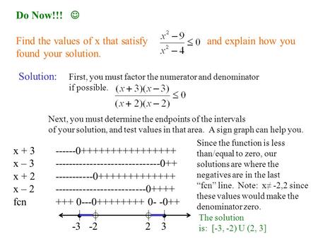 Do Now!!! Find the values of x that satisfy and explain how you found your solution. Solution: First, you must factor the numerator and denominator if.