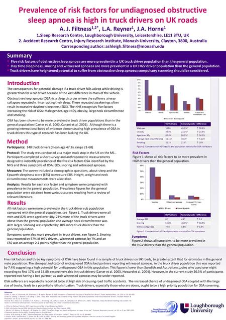 Conclusion Five risk factors and three key symptoms of OSA have been found in a sample of truck drivers on UK roads, to greater extent that for estimates.