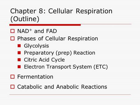 Chapter 8: Cellular Respiration (Outline)