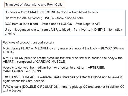 Transport of Materials to and From Cells Nutrients – from SMALL INTESTINE to blood – from blood to cells O2 from the AIR to blood (LUNGS) – from blood.