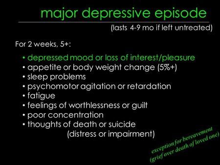 Major depressive episode depressed mood or loss of interest/pleasure appetite or body weight change (5%+) sleep problems psychomotor agitation or retardation.