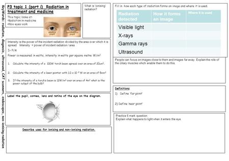KeyWords: radiation, diagnosis, ultrasound, CAT scanners, endoscopes, non-ionising radiation P3 topic 1 (part i) Radiation in treatment and medicine This.