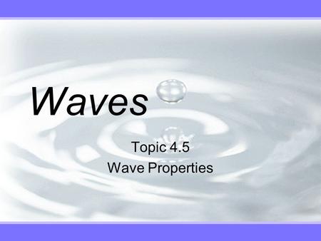 Waves Topic 4.5 Wave Properties. Wave Behaviour v Reflection in one dimension.