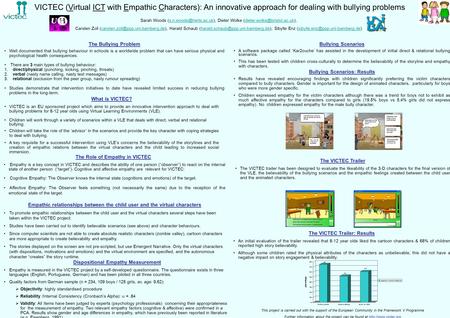 VICTEC (Virtual ICT with Empathic Characters): An innovative approach for dealing with bullying problems Sarah Woods Dieter Wolke.