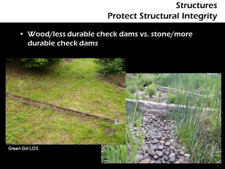 Structures Protect Structural Integrity Wood/less durable check dams vs. stone/more durable check dams Green Girl LDS.