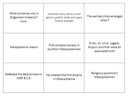 What Sumerian city is Gilgamesh linked to? Uruk. Sumerian story about a man given a perfect body and super human strength The earliest cities emerged when?