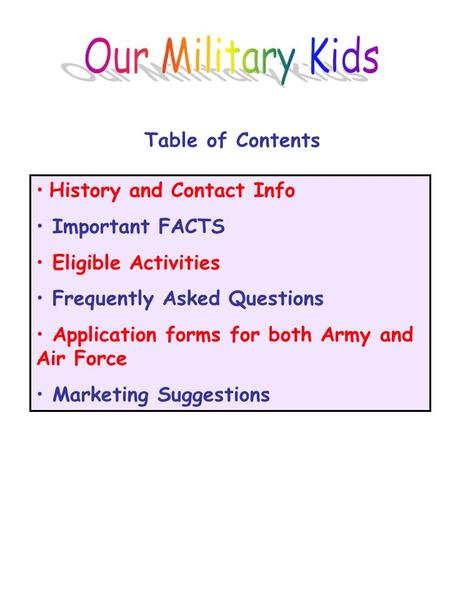 History and Contact Info Important FACTS Eligible Activities Frequently Asked Questions Application forms for both Army and Air Force Marketing Suggestions.