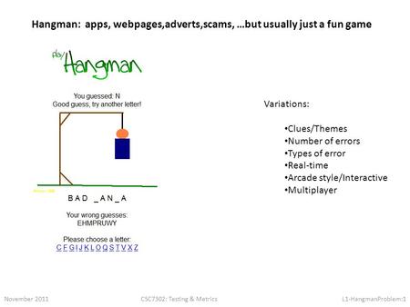 November 2011CSC7302: Testing & MetricsL1-HangmanProblem:1 Hangman: apps, webpages,adverts,scams, …but usually just a fun game Variations: Clues/Themes.