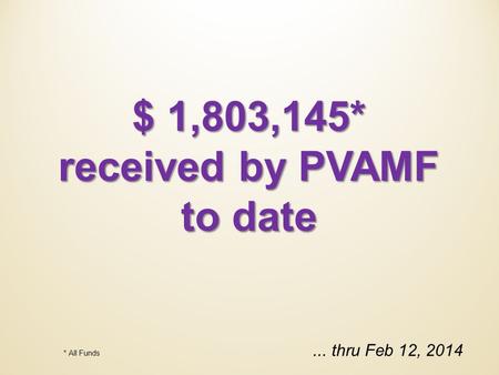 $ 1,803,145* received by PVAMF to date... thru Feb 12, 2014 * All Funds.