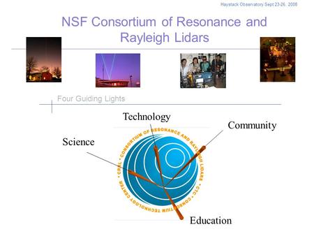 NSF Consortium of Resonance and Rayleigh Lidars Haystack Observatory Sept 23-26, 2008 Four Guiding Lights Science Technology Community Education.