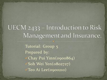 Tutorial: Group 5 Prepared by: Chay Pui Yinn(0900864) Soh Wei Yen(0802727) Teo Ai Lee(0900210)