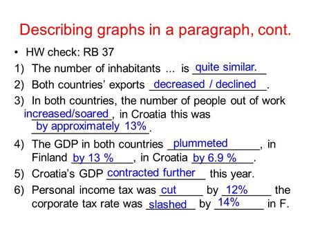 Describing graphs in a paragraph, cont. HW check: RB 37 1)The number of inhabitants... is ____________ 2)Both countries’ exports ___________________. 3)In.