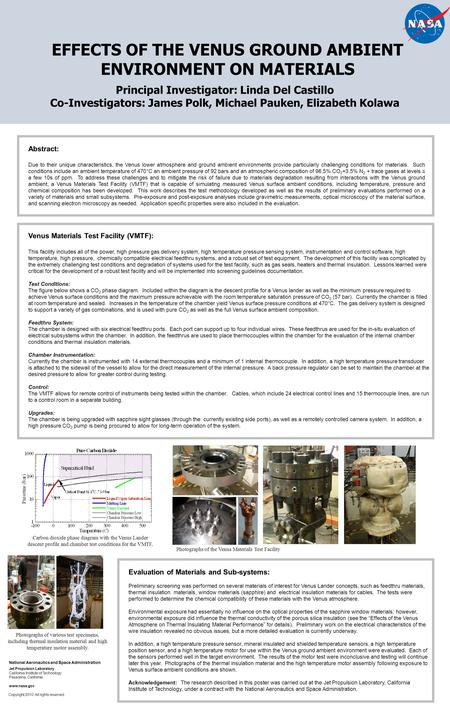 EFFECTS OF THE VENUS GROUND AMBIENT ENVIRONMENT ON MATERIALS Principal Investigator: Linda Del Castillo Co-Investigators: James Polk, Michael Pauken, Elizabeth.