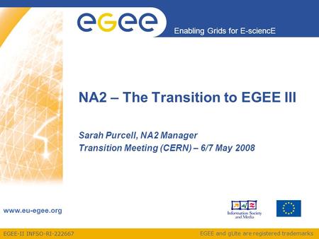 EGEE-II INFSO-RI-222667 Enabling Grids for E-sciencE www.eu-egee.org EGEE and gLite are registered trademarks NA2 – The Transition to EGEE III Sarah Purcell,