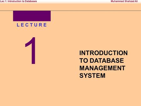 1 INTRODUCTION TO DATABASE MANAGEMENT SYSTEM L E C T U R E