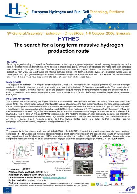 3 rd General Assembly · Exhibition · Drive&Ride, 4-6 October 2006, Brussels HYTHEC The search for a long term massive hydrogen production route FP6-016362.