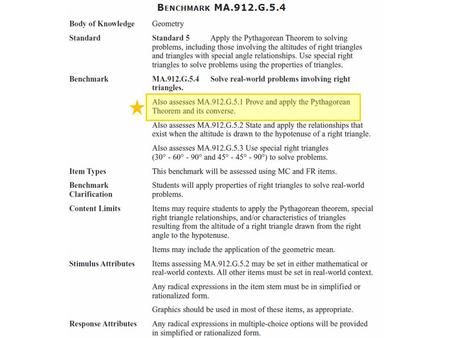 MA.912.G.5.1 : Apply the Pythagorean Theorem and its Converse. A.5 ft B.10 ft C. 15 ft D. 18 ft What is the value of x? x 25 ft 20 ft.