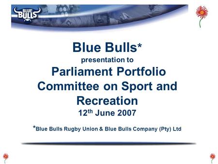 Blue Bulls * presentation to Parliament Portfolio Committee on Sport and Recreation 12 th June 2007 * Blue Bulls Rugby Union & Blue Bulls Company (Pty)