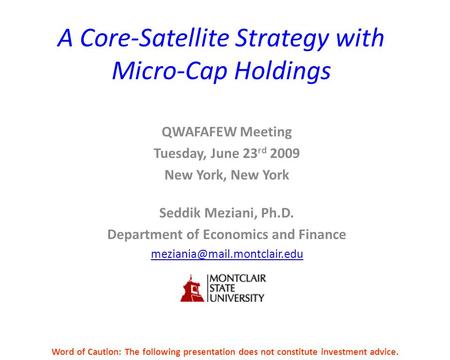 A Core-Satellite Strategy with Micro-Cap Holdings QWAFAFEW Meeting Tuesday, June 23 rd 2009 New York, New York Seddik Meziani, Ph.D. Department of Economics.