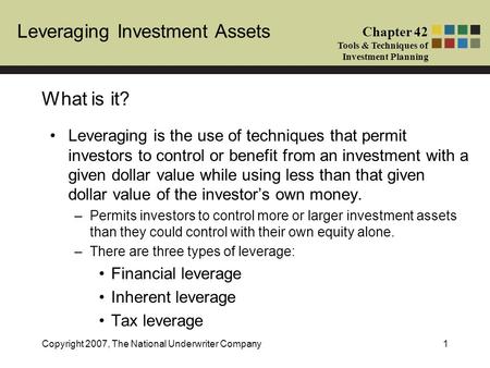 Leveraging Investment Assets Chapter 42 Tools & Techniques of Investment Planning Copyright 2007, The National Underwriter Company1 What is it? Leveraging.